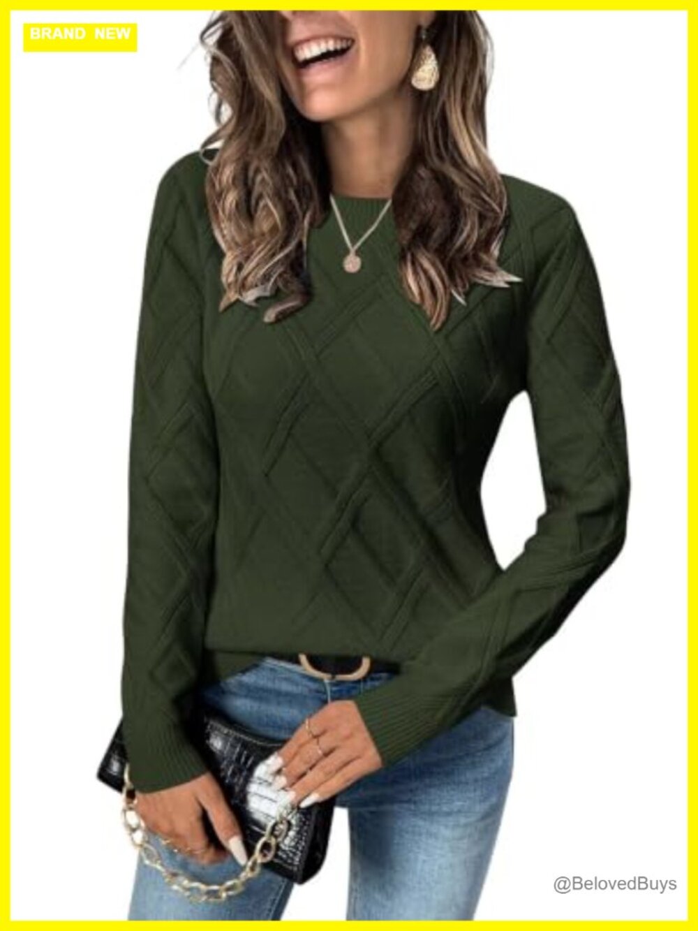 Womens Crew Neck Cable Knit Sweater Long Sleeve Pullover Top